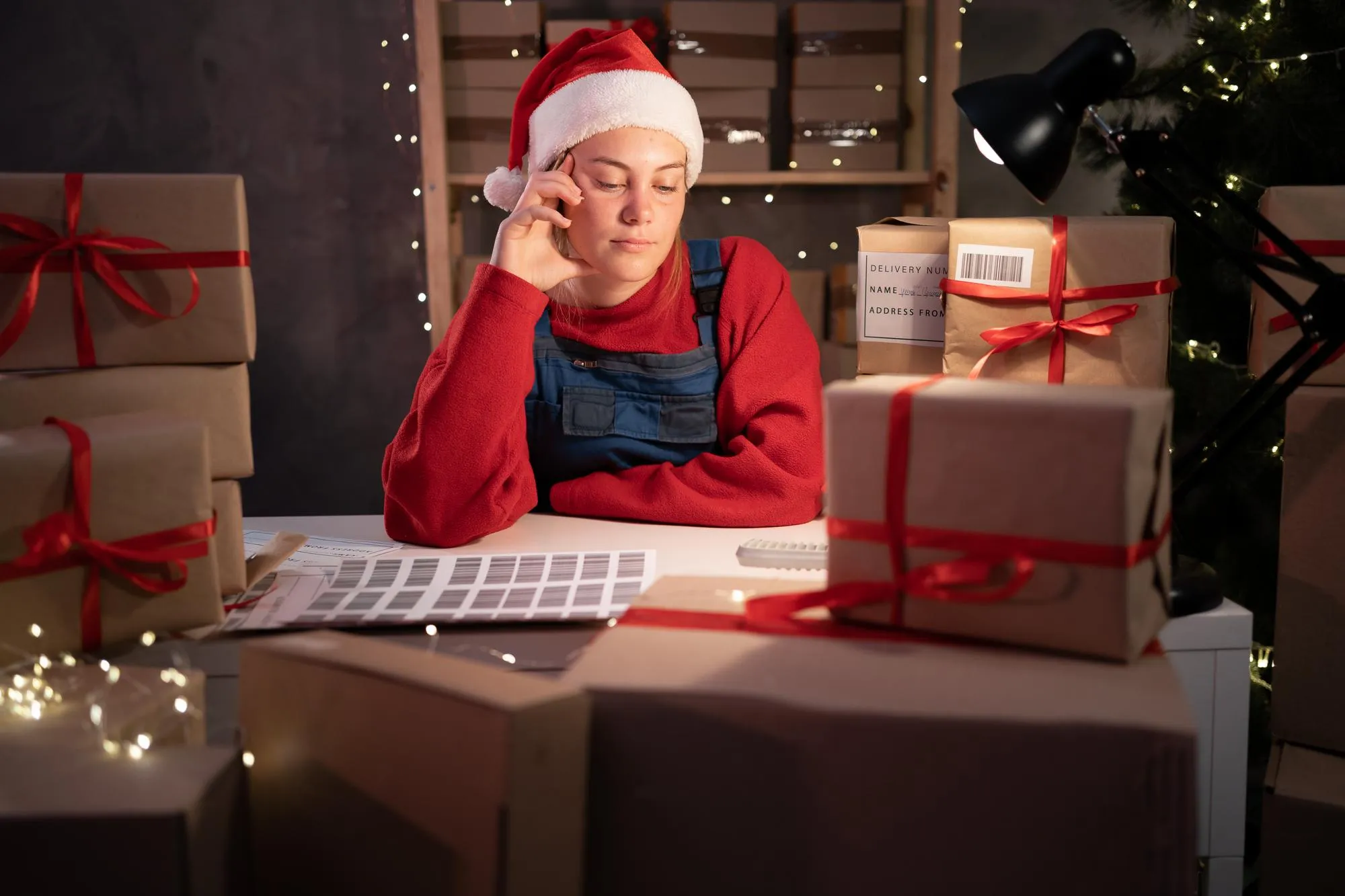 Overwhelmed person with a cluttered holiday table, experiencing stress and burnout during the holiday season.